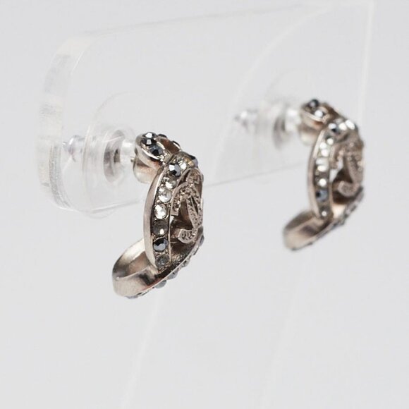 Chanel Silver Metal Strass/Black Crystal Mini CC Earrings - Picture 7 of 7